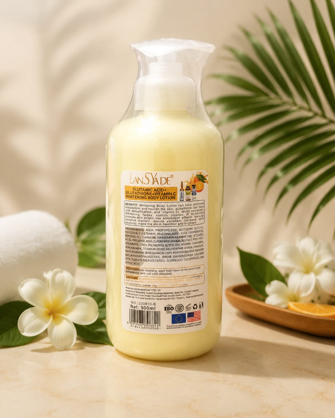 LansYade Glutamic Acid + Vitamin C body lotion in 500ml bottle, featuring a white and orange packaging with the lotion inside.