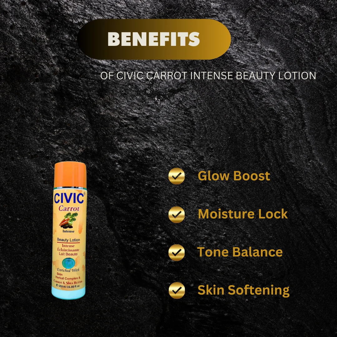 Civic Carrot Beauty Lotion bottle showing the 16.8 oz size and label with a carrot image, placed on a white surface.