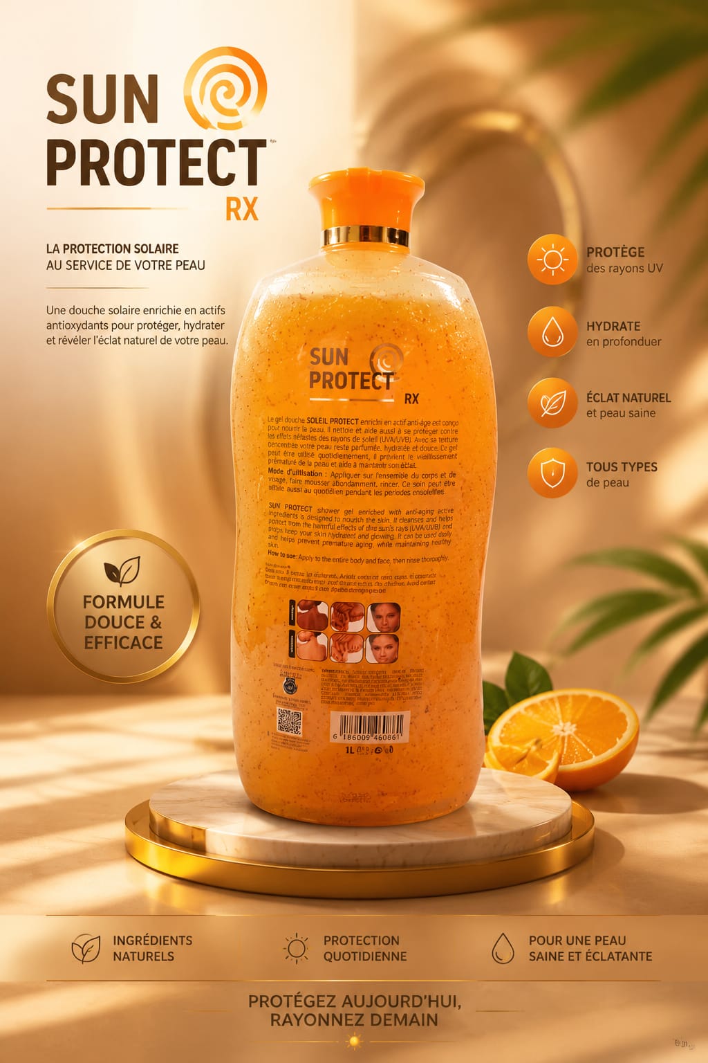 Soleil Protect Sun Care Shower Gel in 1L bottle with a sunny, tropical-themed label and scent, designed for gentle skin cleansing after sun exposure.