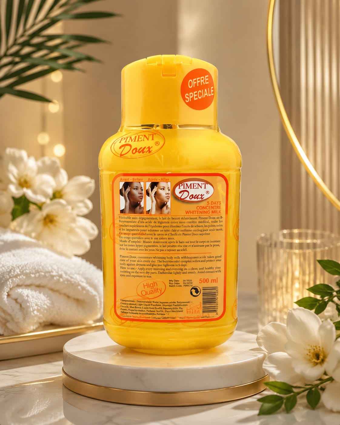 Piment Doux Body Cream with piment extract, creamy texture, and floral scent, displayed in a white jar on a neutral background.
