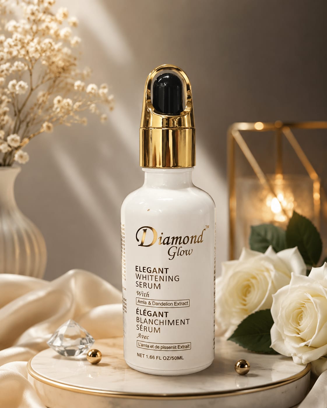 Diamond Glow Elegant Serum bottle with sleek packaging, showcasing the 1.66 oz size and luxurious design.