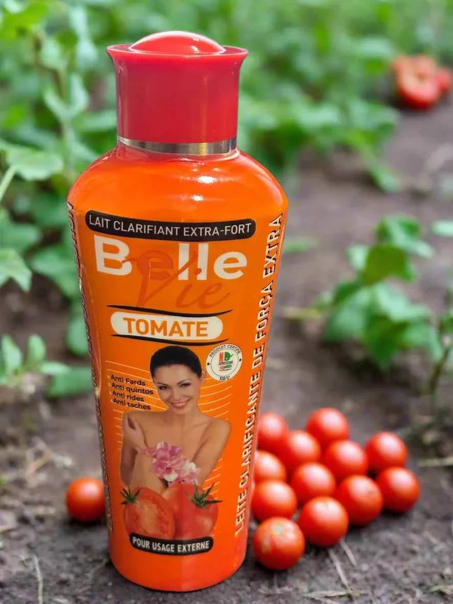BelleVie Tomato Body Milk 475ml bottle, creamy lotion with tomato extract for nourishing skin, shown in a sleek white container.