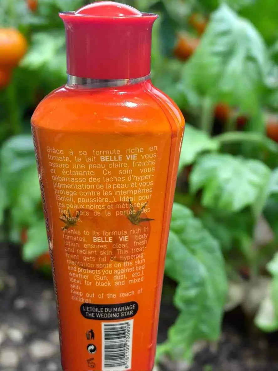 BelleVie Tomato Body Milk in 475ml bottle, featuring red and white packaging, designed for nourishing and moisturizing skin.