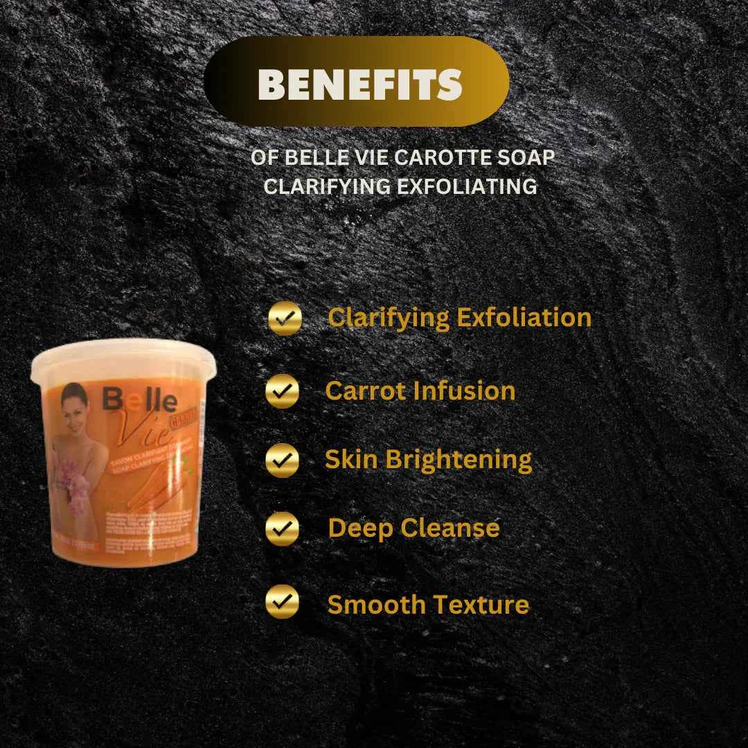 Belle Vie Carotte Cleansing Soap 670g with natural carrots, showing the soap bar and fresh carrots for exfoliating skin.