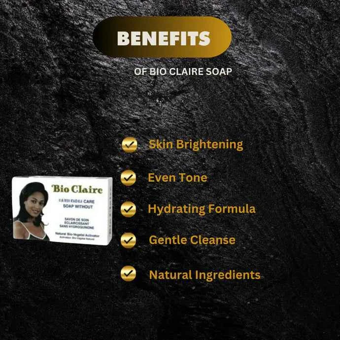 Bio Claire soap bar, 6.7 oz, natural skincare product with a white soap resting on a wooden surface with fresh herbs.