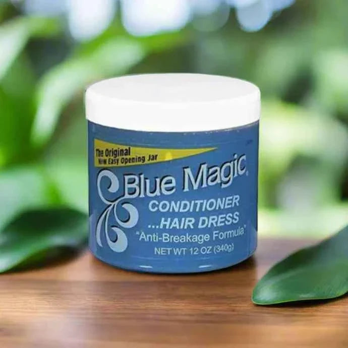 Blue Magic Hair Dress Conditioner in a 12oz bottle, featuring a blue label and pump dispenser for nourishing hair care.