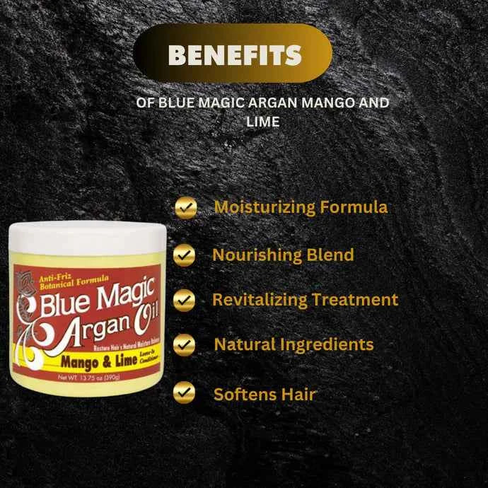 Blue Magic Argan Oil Mango & Lime Leave-In Conditioner 13.75oz bottle, featuring vibrant packaging with the product name.