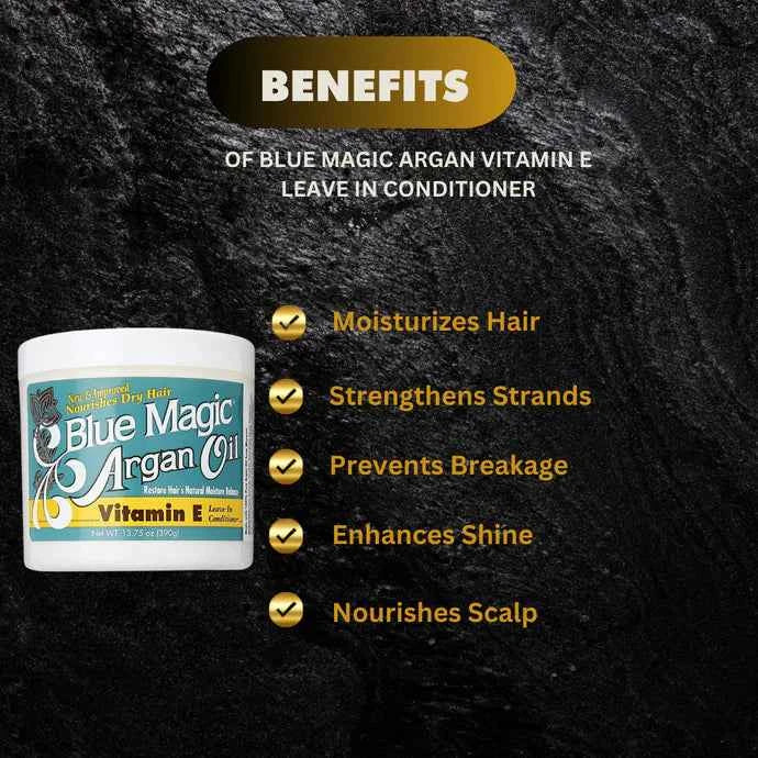 Blue Magic Argan Oil Vitamin E Leave-In Conditioner bottle with blue and white label, 13.75oz size, for nourishing hair.