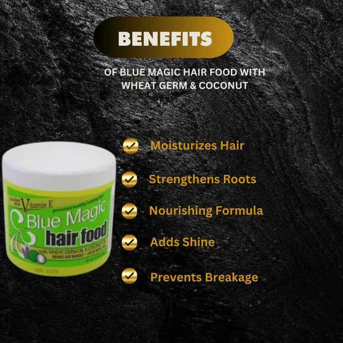 Blue Magic Hair Food with Wheat Germ and Coconut in a 12oz jar, showing the product label and packaging.