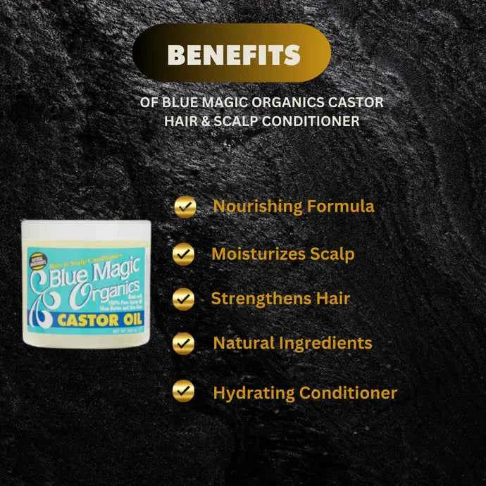 Blue Magic Organics Castor Hair & Scalp Conditioner in a 12oz bottle, featuring a blue and white label with product details.