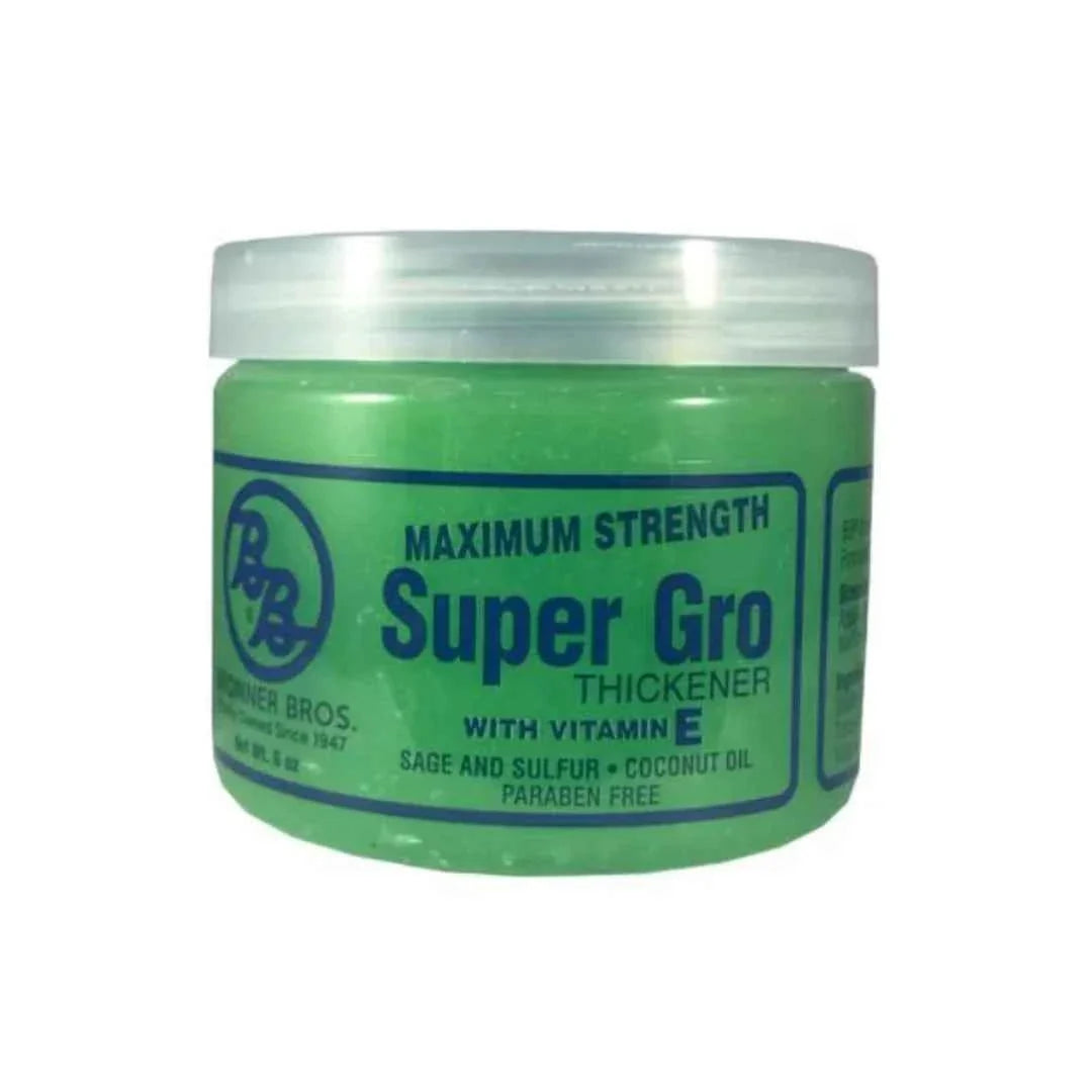 Bronner Brothers Maximum Strength Super Gro Hair & Scalp Conditioner 6 oz bottle, featuring black and green packaging.