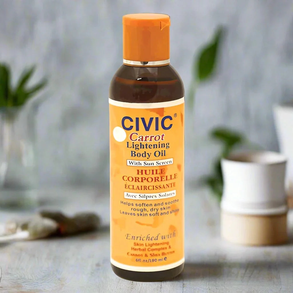 Civic Carrot Body Oil bottle with label, 6 oz size, featuring a clear glass container and orange-colored oil inside.