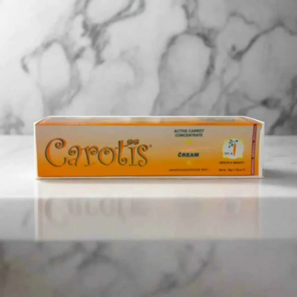Carotis Carotis Cream 1.76 oz jar with smooth white cream inside, displayed next to a beauty soap in a sleek packaging.