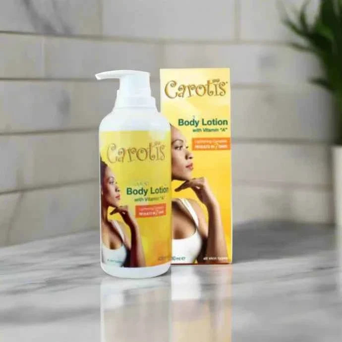 Carotis Vitamin A Body Lotion in 13.5 oz bottle, showing smooth, hydrated skin after 7 days of use.