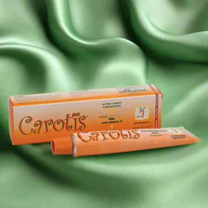 Carotis skin gel in a 1 oz tube, smooth and clear, designed for skin nourishment and hydration.