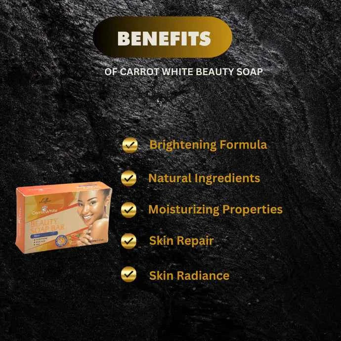 Carrot White Beauty Soap 7 oz bar with white and orange design, promoting skin brightening and gentle cleansing.