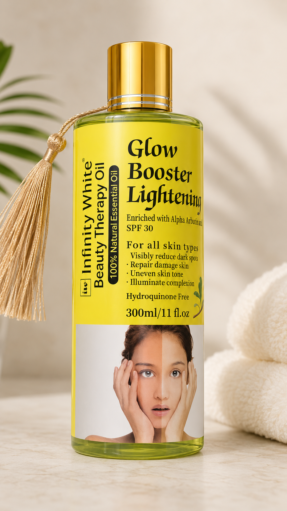 Infinity White Beauty Therapy Body Oil with Alpha Arbutin and Kojic in a 300ml bottle, featuring a clear liquid and a sleek label.