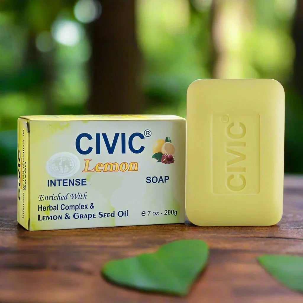 Civic Lemon Soap 7 oz with bright yellow lemon scent and lightening properties, presented in a clear soap bar.