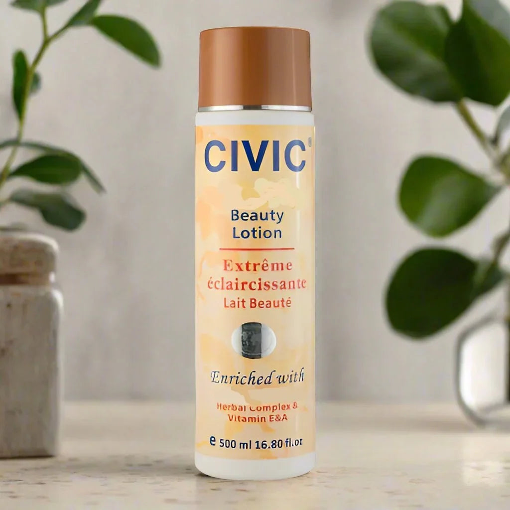 Civic Extreme Beauty Lotion in a 16.8 oz bottle, featuring a white and pink design with the Civic logo on the label.
