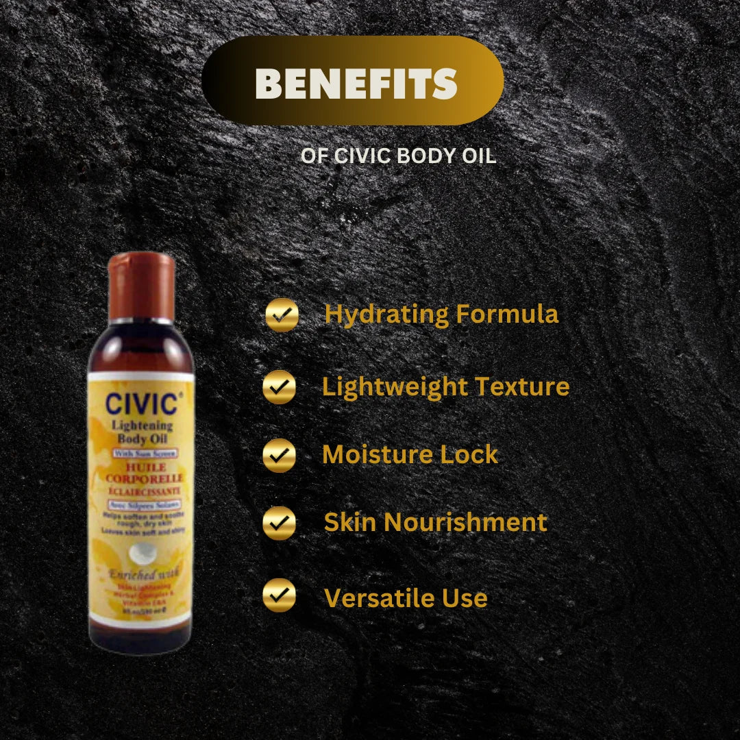 Civic Body Oil in a 6 oz bottle, featuring a clear container with the Civic logo and golden-colored oil inside.
