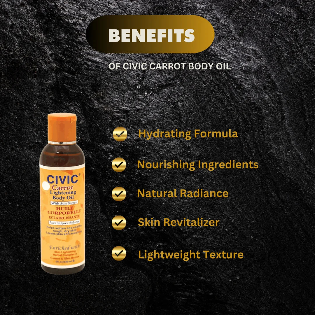 Civic Carrot Body Oil in a 6 oz bottle, featuring a clear container with orange-colored oil and a white cap.