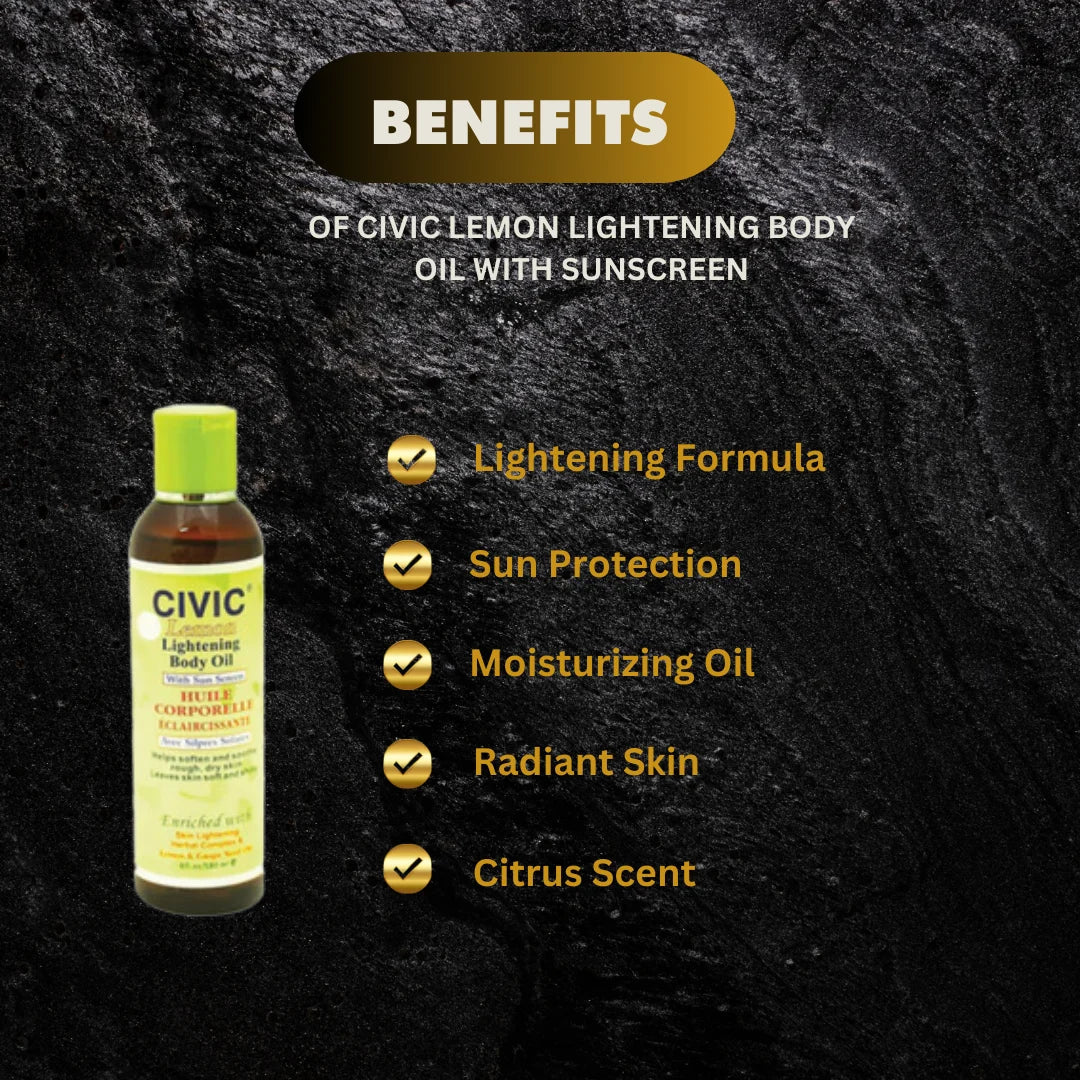 Civic Lemon Body Oil with Sunscreen, 6 oz, featuring a clear bottle with lemon-scented lightening body oil for skin hydration.