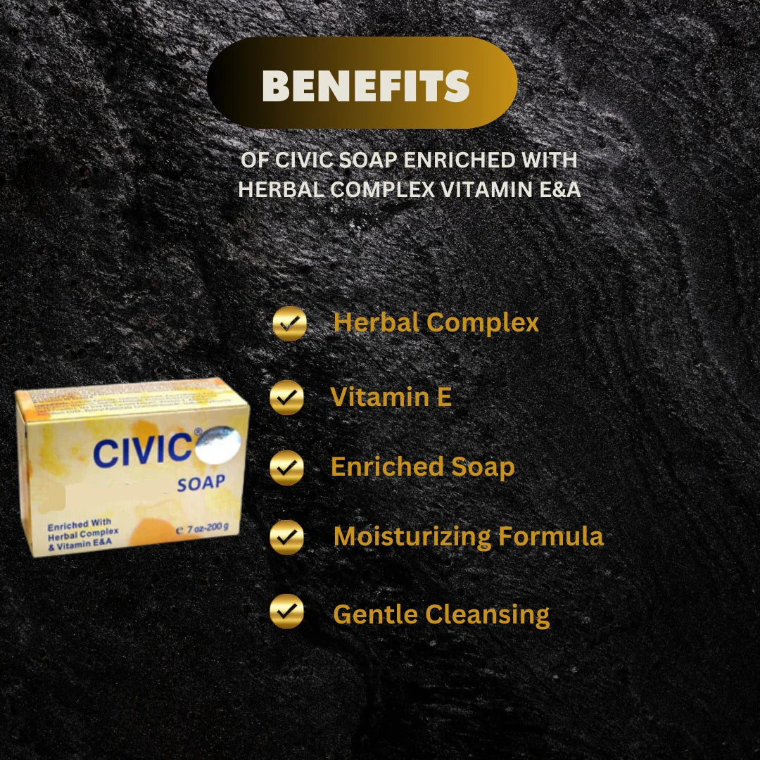 Civic Herbal Complex Soap with Vitamin E and A, 7 oz, shown in a natural soap bar with herbal ingredients and vibrant packaging.