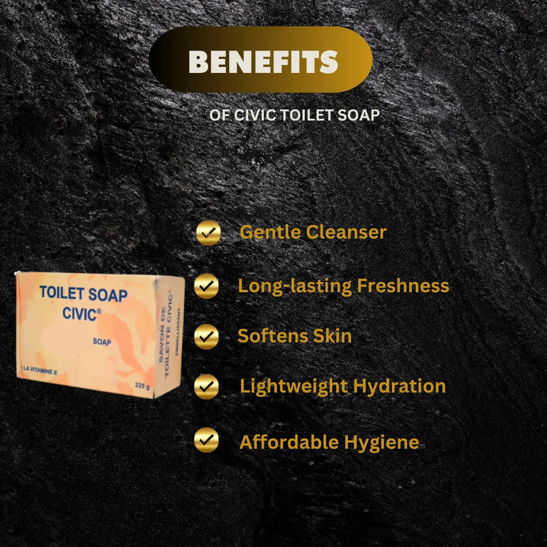 Civic Toilet Soap 225g bar with white packaging, showcasing the soap's smooth surface and clean design.