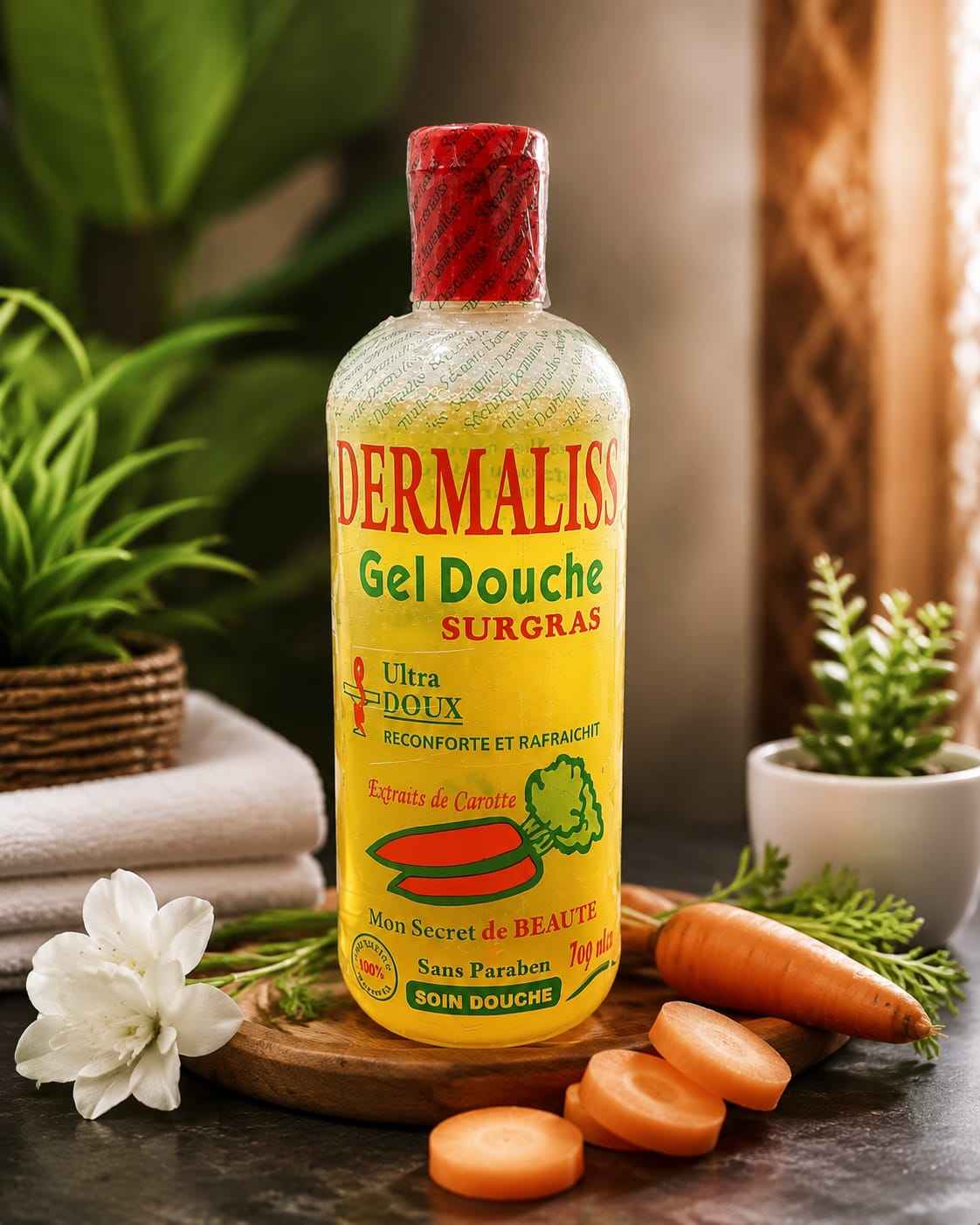 Dermaliss Ultra-Gentle Shower Gel with Carrot Extract, 500ml, featuring a clear bottle and fresh orange accents.
