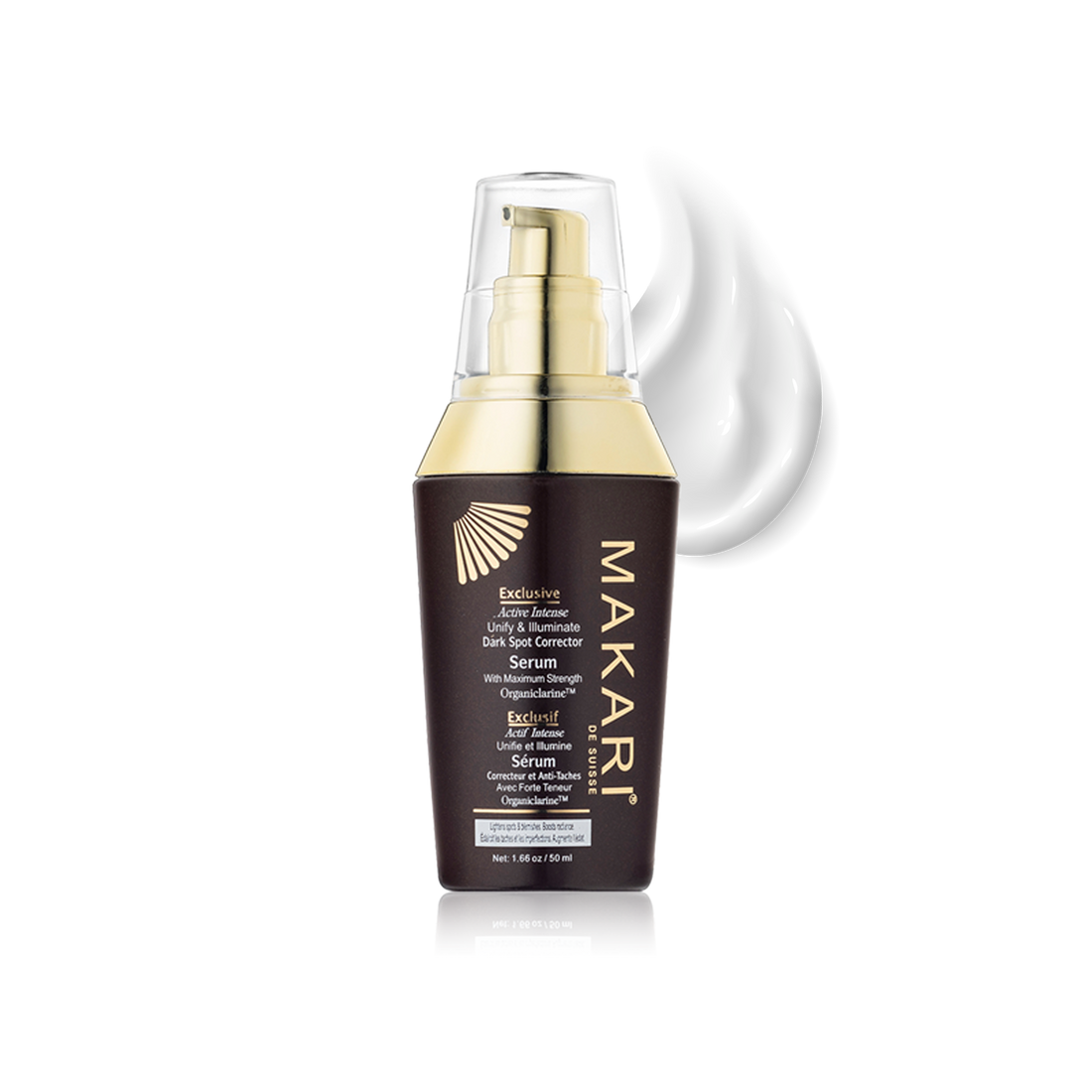Makari Exclusive skincare product in a sleek bottle with a black pump dispenser, displayed on a neutral background.