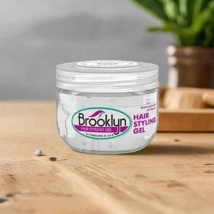 Brooklyn Hair Styling Gel 100ml, clear gel in a container, suitable for styling and shaping hair with a firm hold