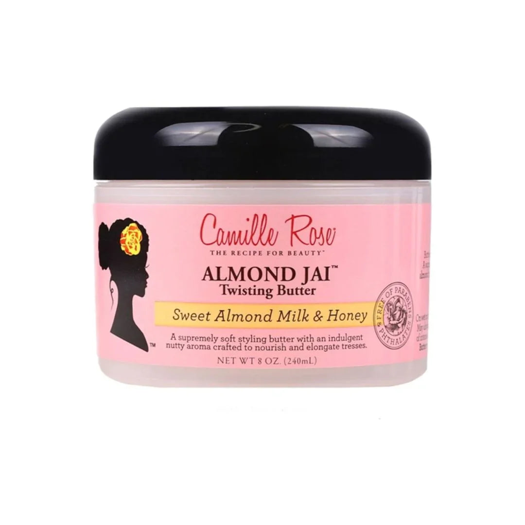Camille Rose Almond Jai Twisting Butter in an 8 oz jar, showing creamy texture and almond ingredients for twisting and styling hair.