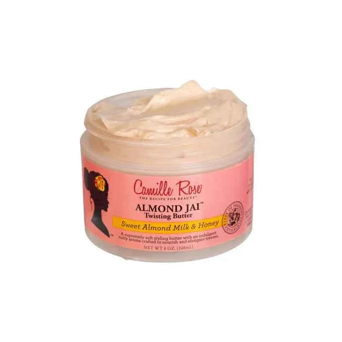 Camille Rose Almond Jai Twisting Butter in an 8 oz jar, showcasing the creamy, almond-scented hair styling product with a white lid.