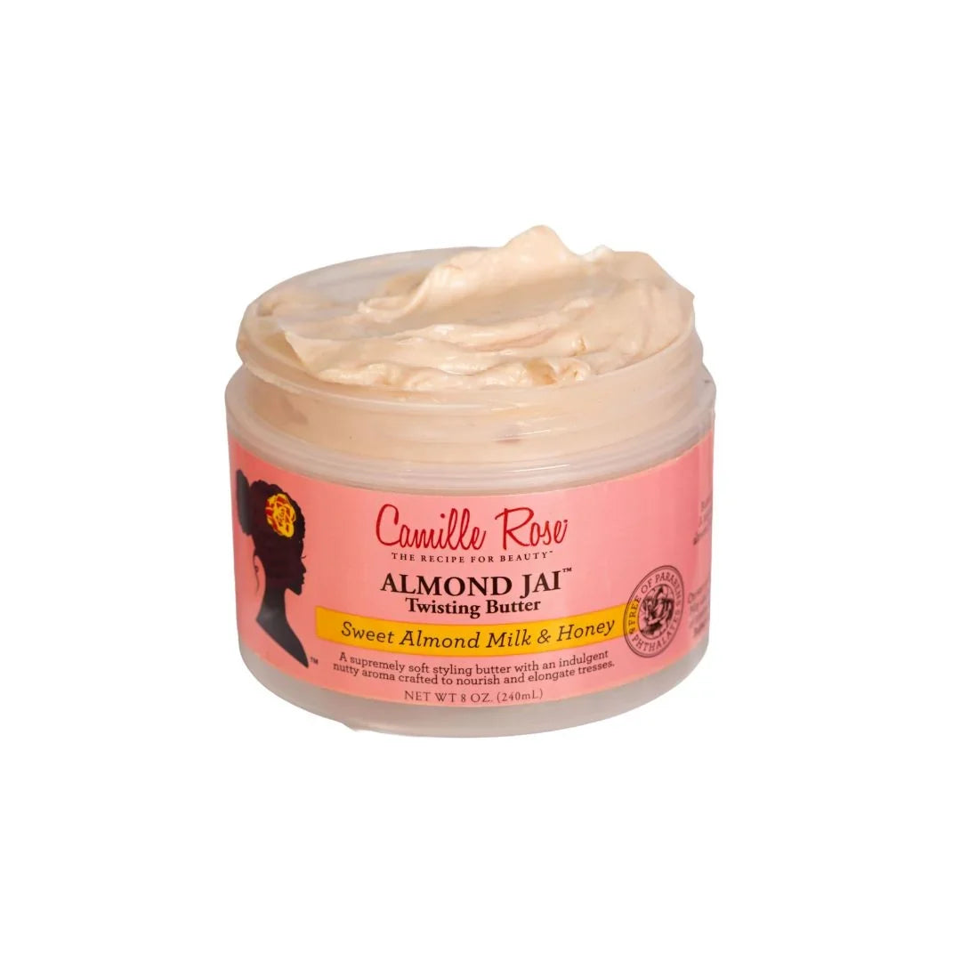 Camille Rose Almond Jai Twisting Butter in an 8 oz jar, featuring smooth almond-colored cream for styling curly and textured hair.