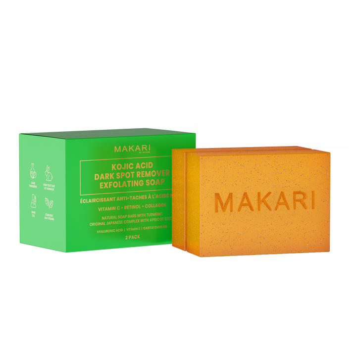 Makari Kojic Acid Double Soap by Bazarora, showing two white soap bars with kojic acid for skin brightening and exfoliation.
