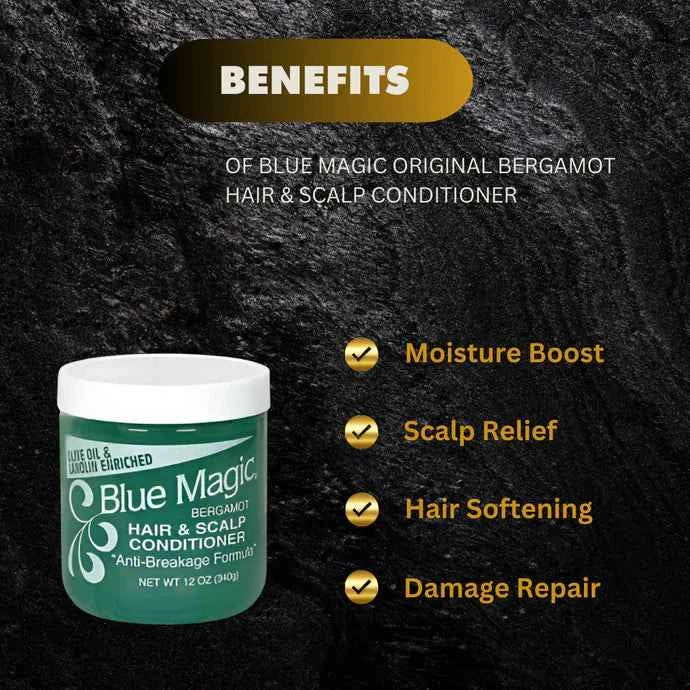 Blue Magic Original Bergamot Hair & Scalp Conditioner bottle showing for hair growth, hydration, and restoring elasticity.
