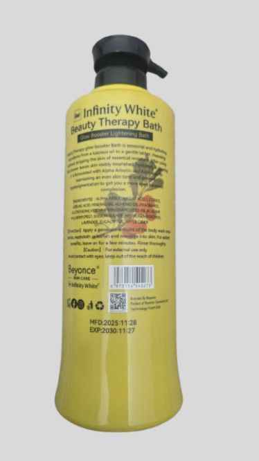 Infinity White Beauty Therapy Bath Wash with Alpha Arbutin and Kojic in a 1200 ml bottle, featuring a sleek white design.