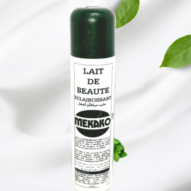 Mekako Beauty Body Milk 500ml bottle with creamy lotion, designed for nourishing and moisturizing the skin.