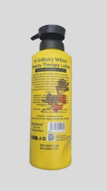 Infinity White Beauty Therapy Body Lotion with Alpha Arbutin and Kojic, 500ml bottle with smooth, white lotion visible in the image.