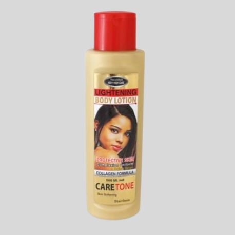 CareTone Body Lotion 500ml bottle, creamy lotion with pump dispenser, shown on a clean surface.