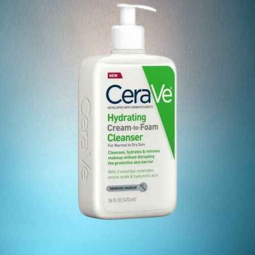 CeraVe Hydrating Cream-to-Foam Cleanser for normal to dry skin, showing the creamy foam texture in a 16 fl oz bottle.
