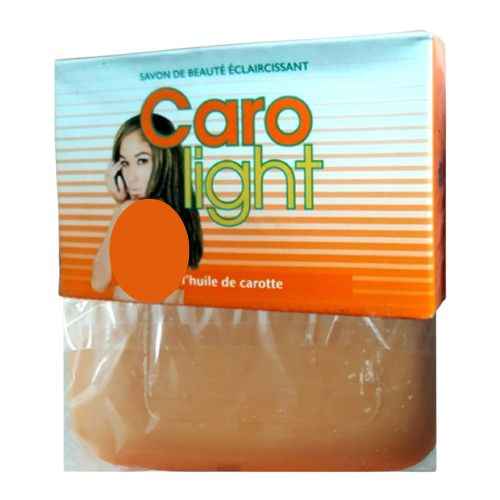 Caro Light Beauty Soap with Carrot Oil in 180g package, showing a bar of soap with vibrant orange and white soap layers