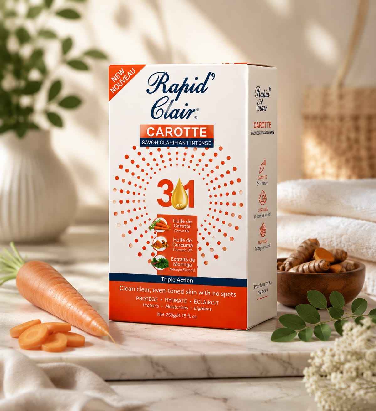 Rapid Clair Carrot Soap with Moringa and Turmeric Oils, 250g, featuring a bar of soap with natural ingredients and vibrant orange color.