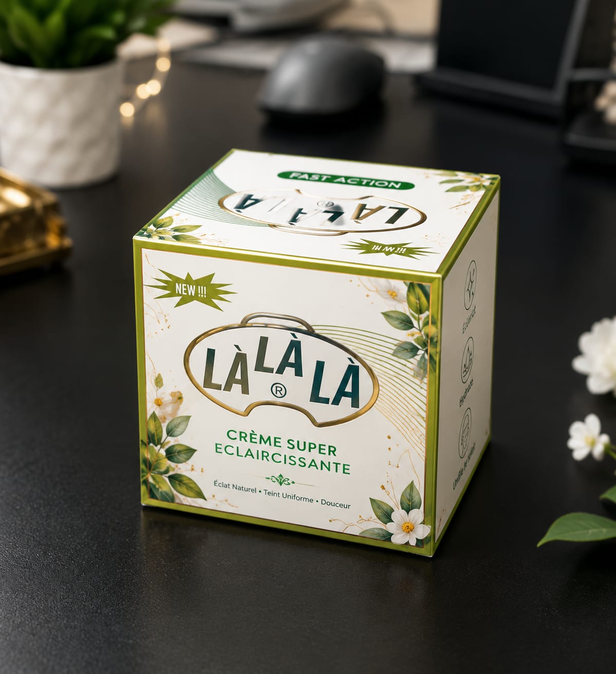 LaLaLa Beauty Cream with fast-acting formula, shown in a jar with vibrant packaging and a smooth cream texture.