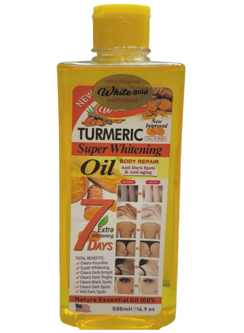 White Gold Turmeric Body Oil 500 ml bottle with golden liquid, showcasing natural ingredients and a sleek, elegant packaging design.