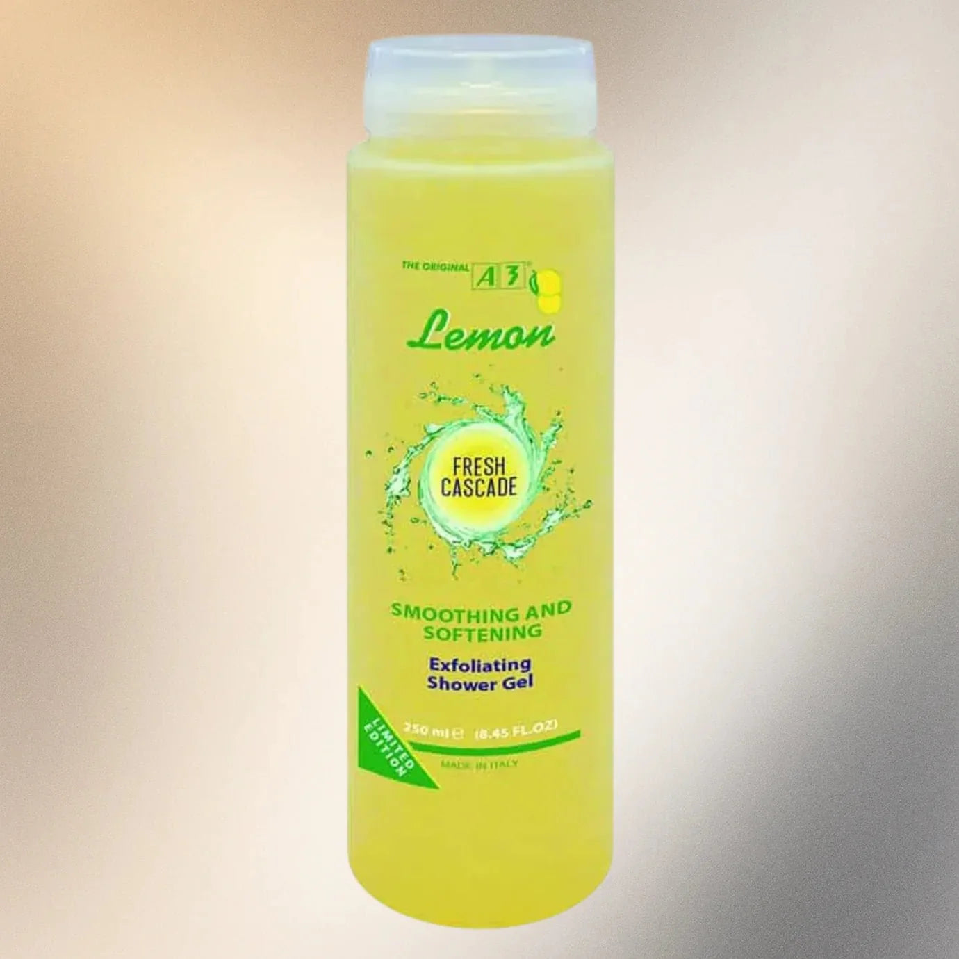 A3 Lemon Body Wash 250ml bottle with fresh lemon slice and citrus scent label on a clean background
