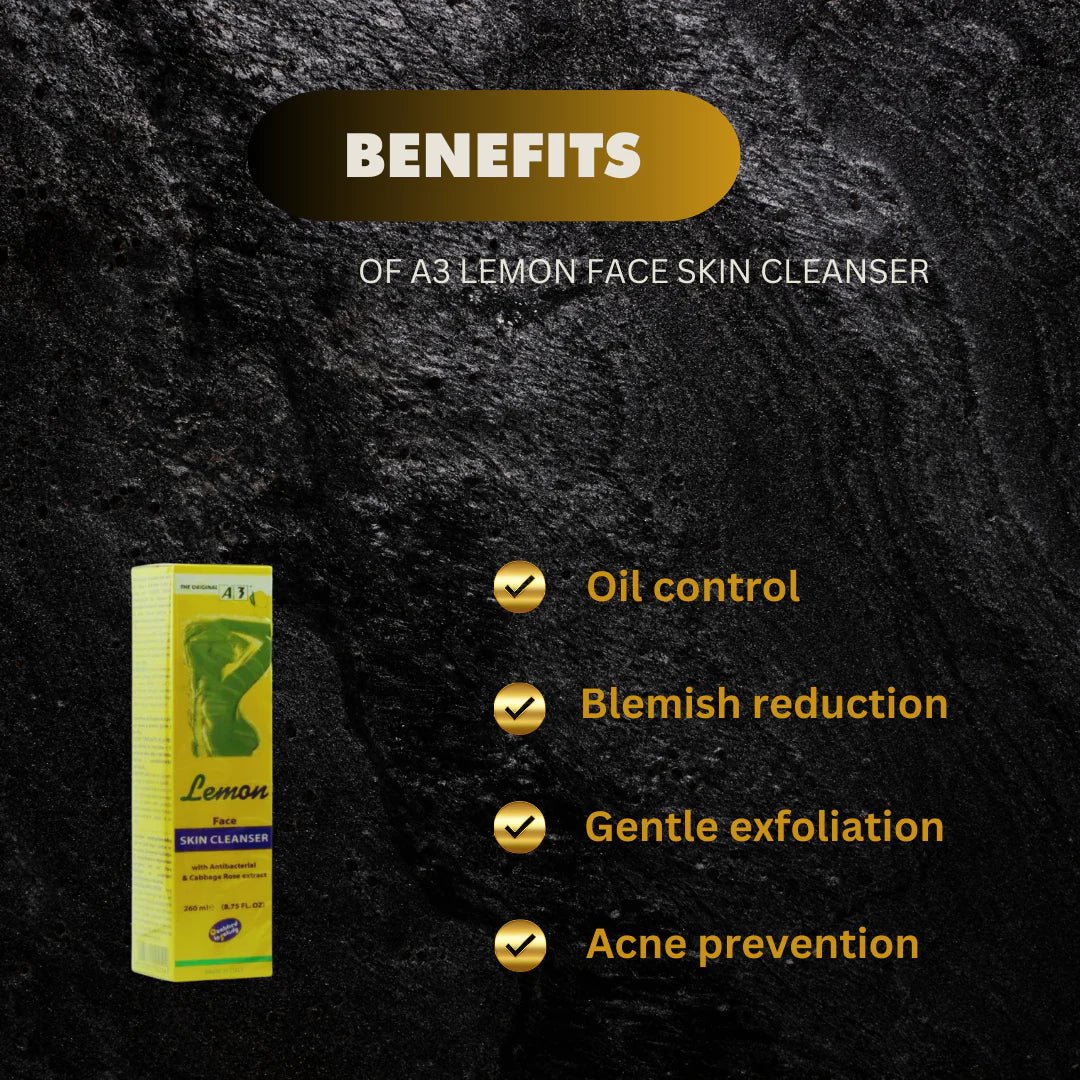 A3 Lemon face skin cleanser in a 260ml bottle, with a lemon-themed label and clear, refreshing liquid inside.