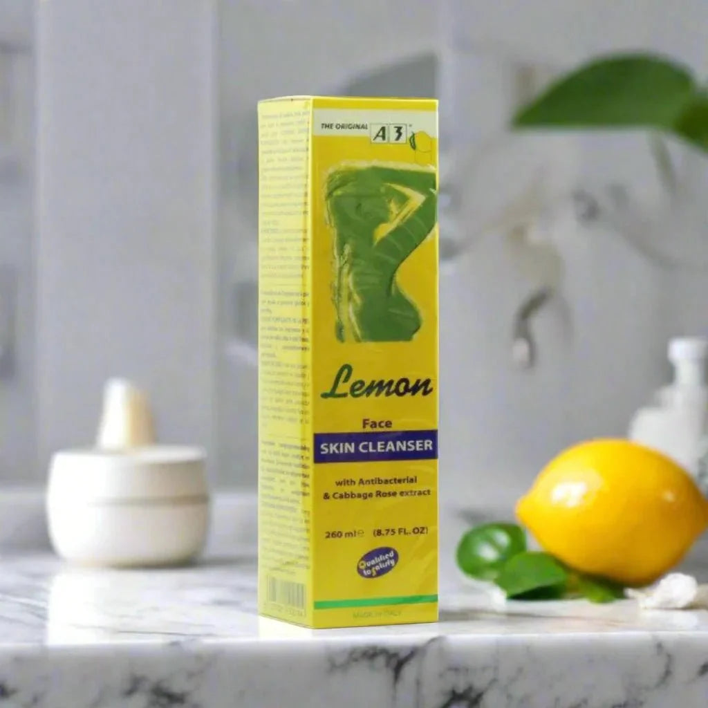 A3 Lemon Face Skin Cleanser 260ml bottle with lemon imagery, showcasing fresh citrus ingredients for gentle facial cleansing.