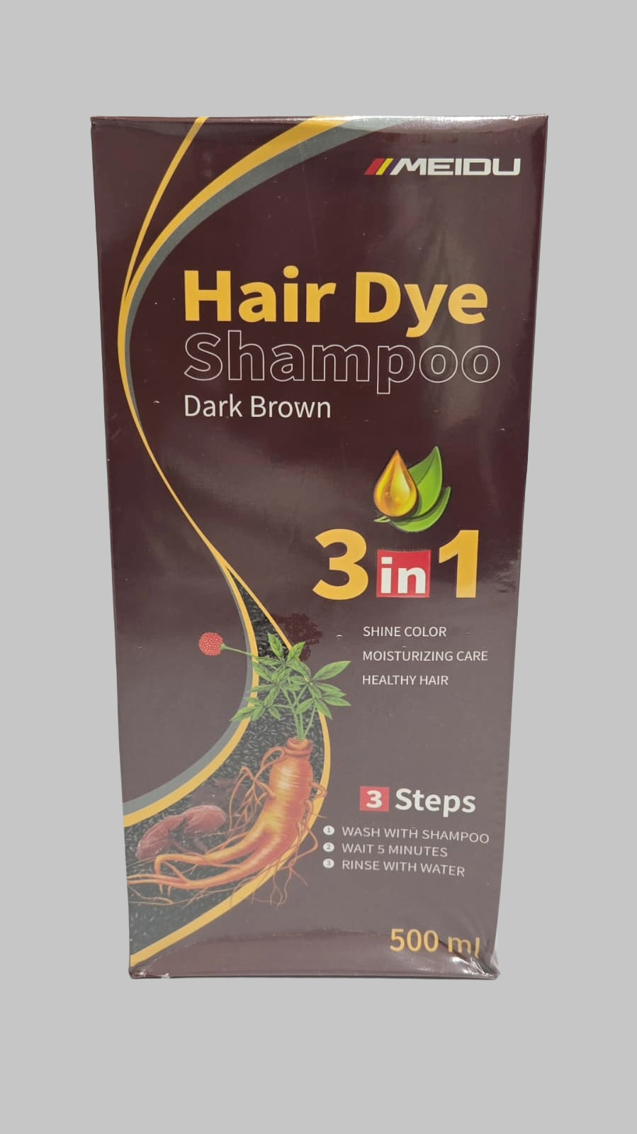Meidu dark brown hair color shampoo 500ml bottle showing the product label and packaging with dark brown hair color theme