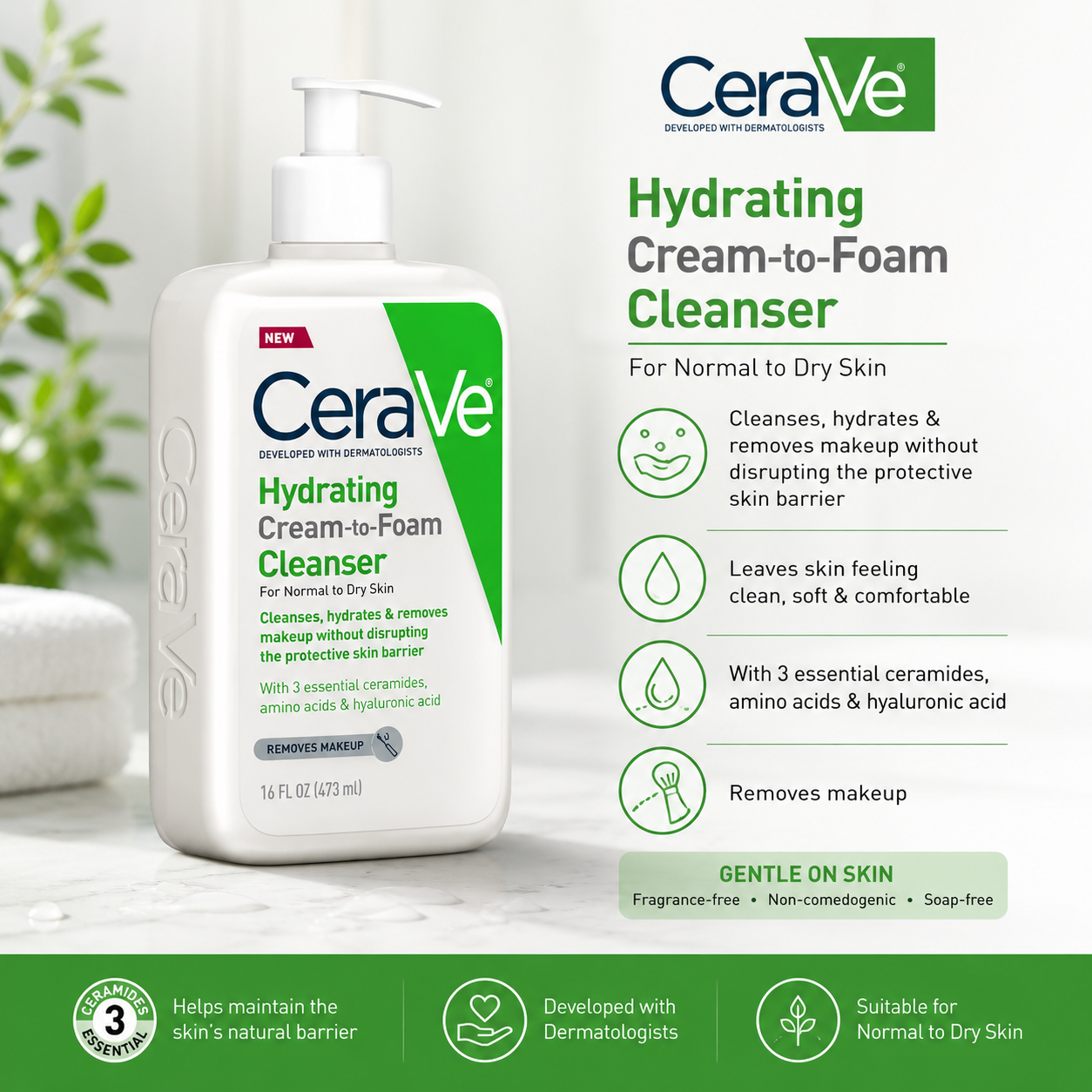 CeraVe Hydrating Cream-to-Foam Cleanser for normal to dry skin, featuring ceramides and hyaluronic acid, in a 16 oz bottle